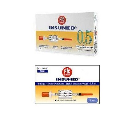 Siringa Per Insulina Pic Insumed 0,5 Ml 100 Ui Ago Gauge 29 Lunghezza 12,7 Mm Senza Spazio Morto 3 Sacchetti Da 10 Pezzi
