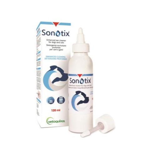 Sonotix Detergente Auricolare Profondo Cani E Gatti Flacone 120 Ml + Cannula Corta Rigida + Cannula Lunga Flessibile