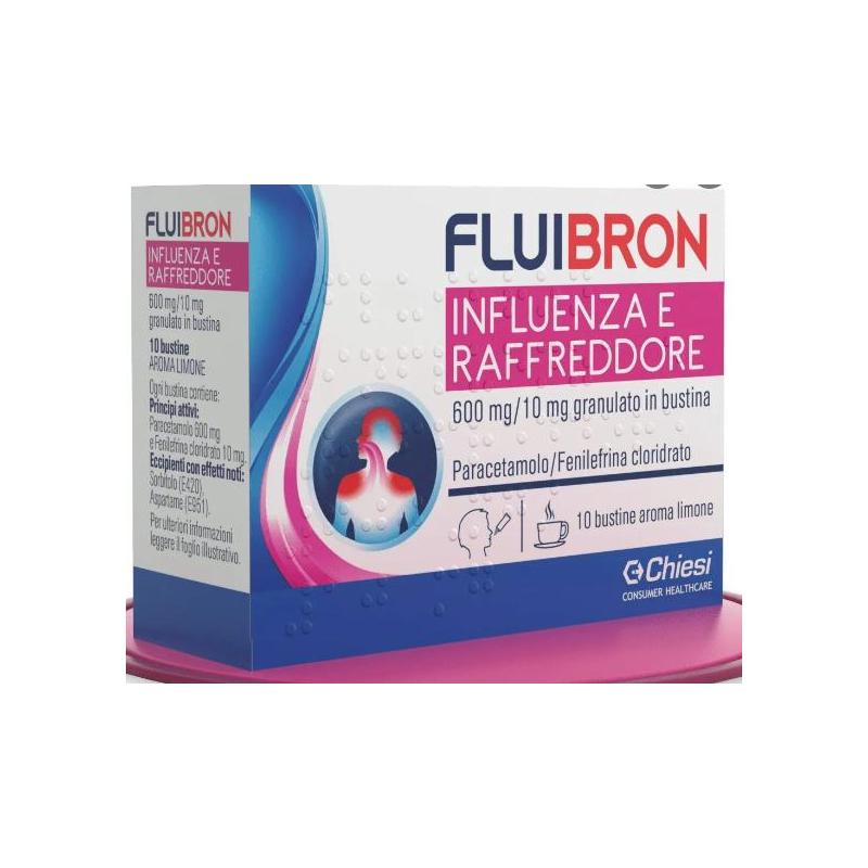 FLUIBRON INFLUENZA E RAFFREDDORE 600 MG/10 MG GRANULATO IN BUSTINA PARACETAMOLO/FENILEFRINA CLORIDRATO