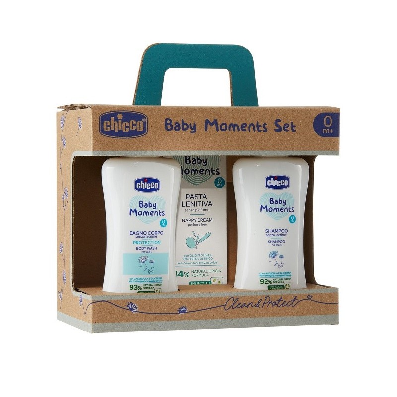 Chicco Baby Moments Set Bagnochiuma Pelli Delicate 200 Ml + Shampoo Pelli Delicate 200 Ml + Pasta Cambio Pelli Delicate 100 Ml