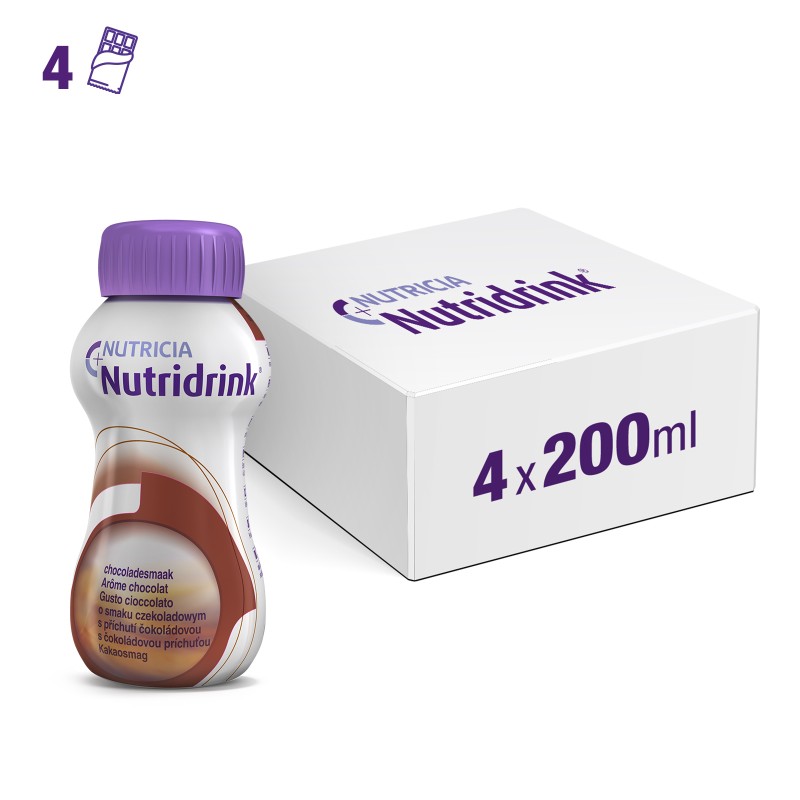 Nutricia Nutridrink Supplemento Nutrizionale Completo e Ipercalorico al Gusto di Cioccolato Confezione da 4 Bottiglie da 200 ml