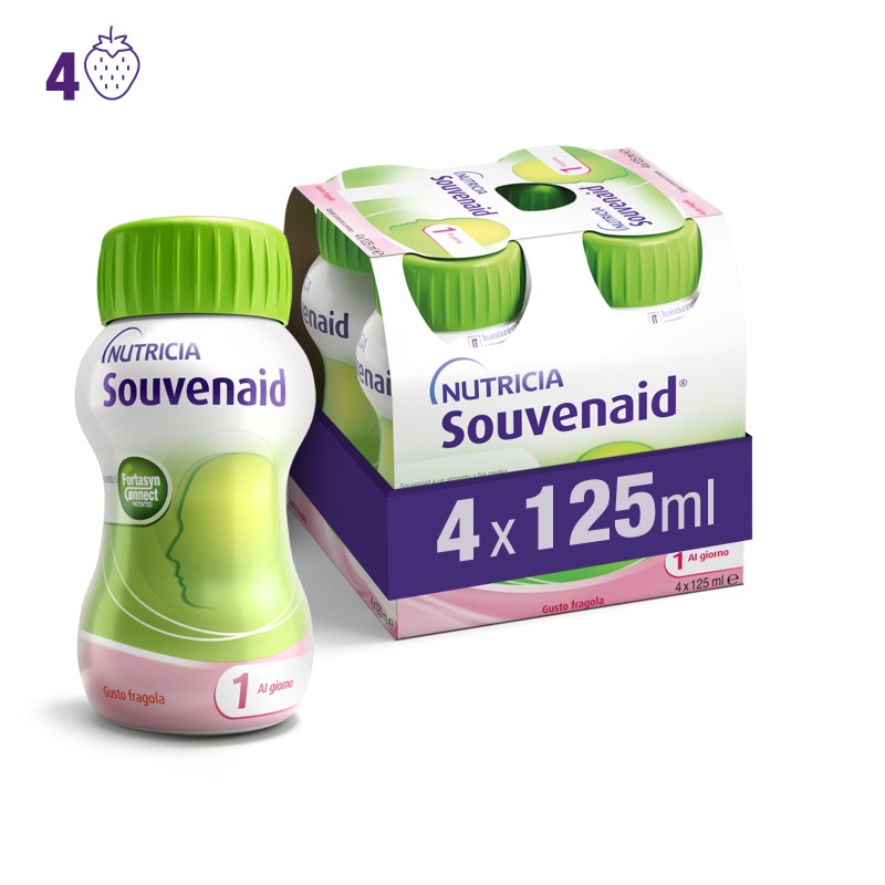 Nutricia Souvenaid Gusto Fragola Alimento a Fini Medici per il Supporto Cognitivo Cluster 4 X 125 Ml