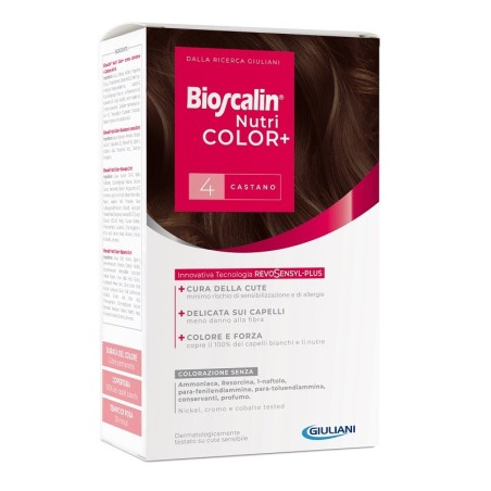 Bioscalin Nutricolor Plus 4 Castano Crema Colorante 40 Ml + Rivelatore Crema 60 Ml + Shampoo 12 Ml + Trattamento Finale Balsamo
