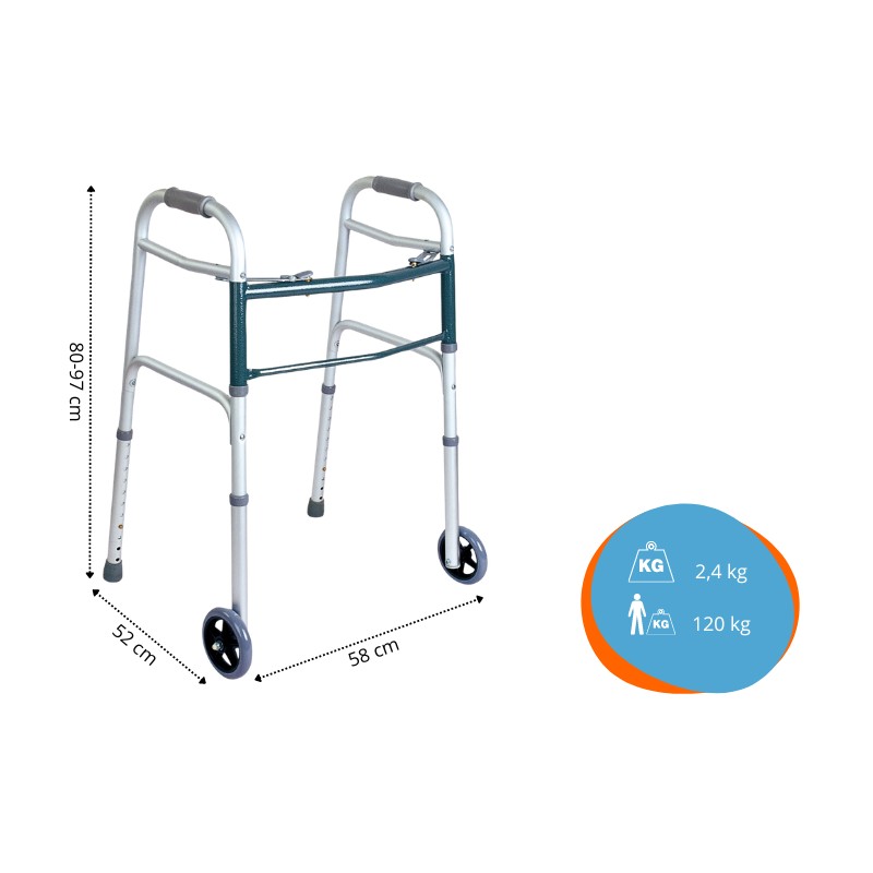 Ausilium Deambulatore Pieghevole in Alluminio con 2 Ruote e 2 Puntali
